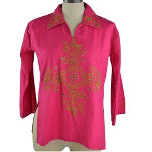 Embroidered Blouse Jewel Embellished Gold Paisley Hotpink Ethnic 3/4 Sleeves